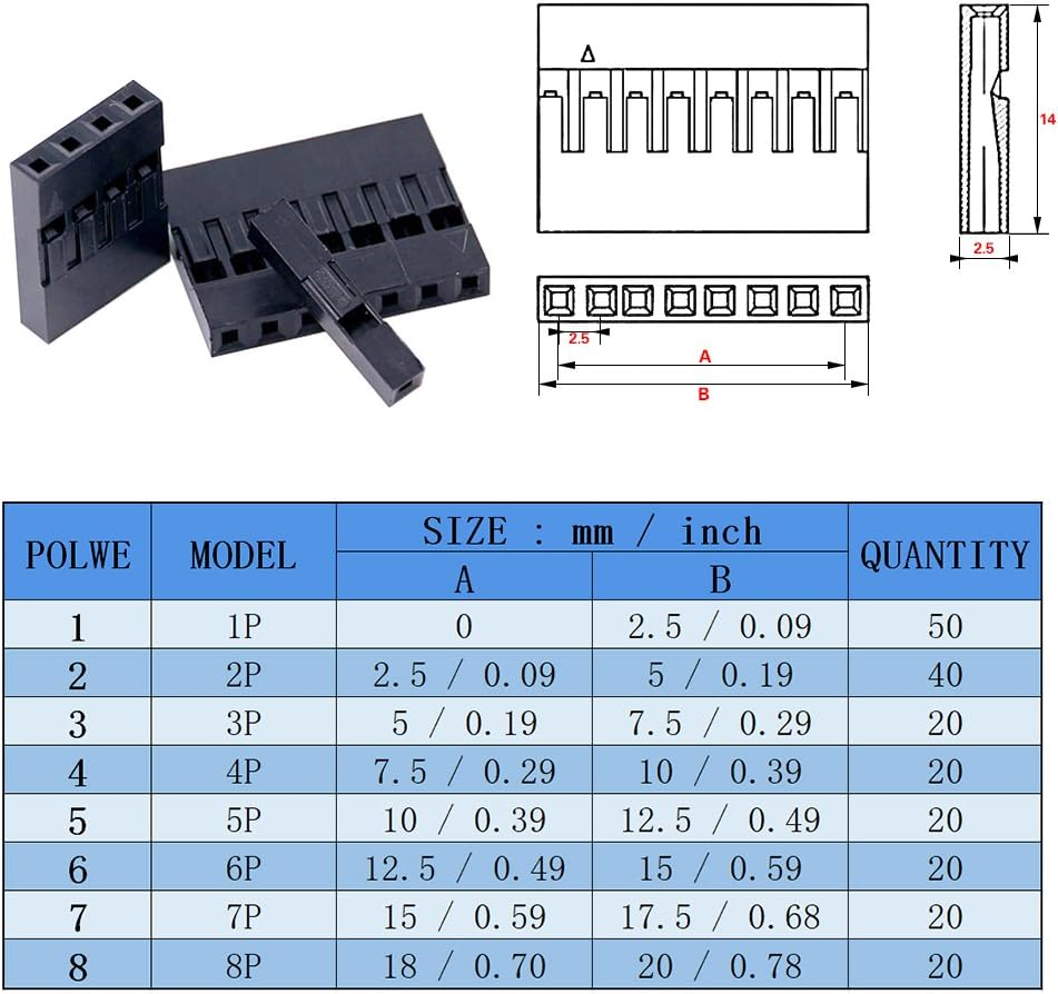 Glarks 700Pcs 2.54Mm Pitch 1/2/3/4/5/6/7/8 Plug Dupont Connector Housing Male/Female Pin Connector with 10 Wire Rainbow Color Flat Ribbon IDC Wire Cable Assortment Kit - Jst-Xhp 2 3 4 5 6 7 8 9 image number 2