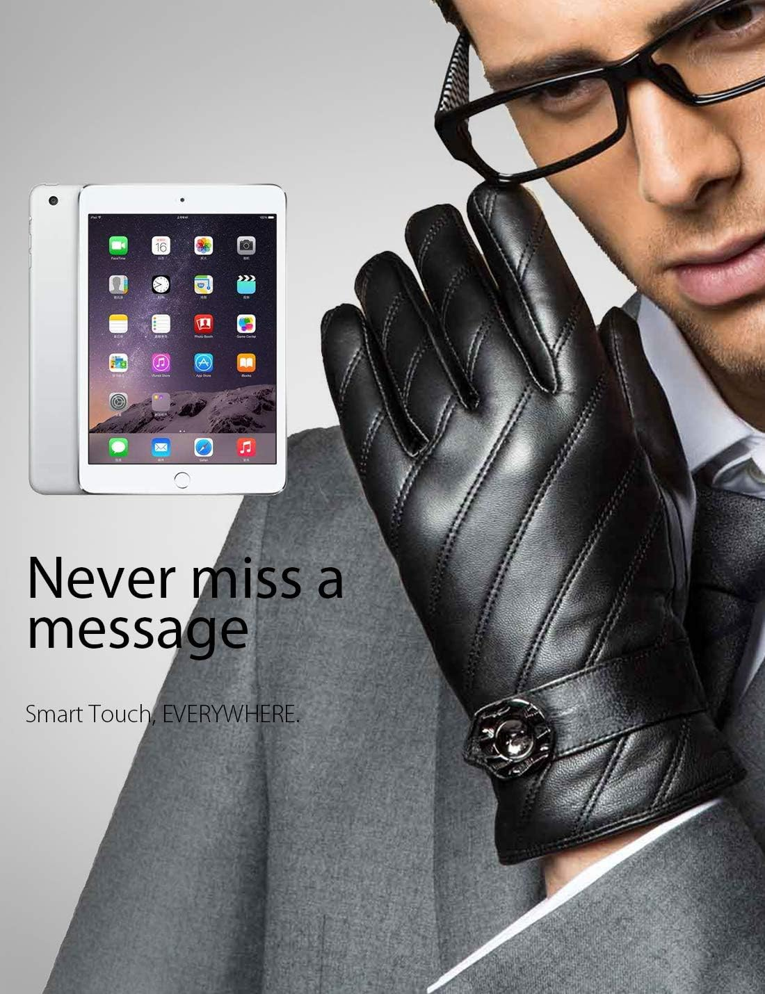 YISEVEN Men'S Touchscreen Lambskin Leather Gloves Fleece Lined Diagonal Stripe and Button Belt Luxury Stylish for Winter Hand Warm Fur Lined and Motorcycle Driving Christmas Xmas Gift Black 9/M image number 5