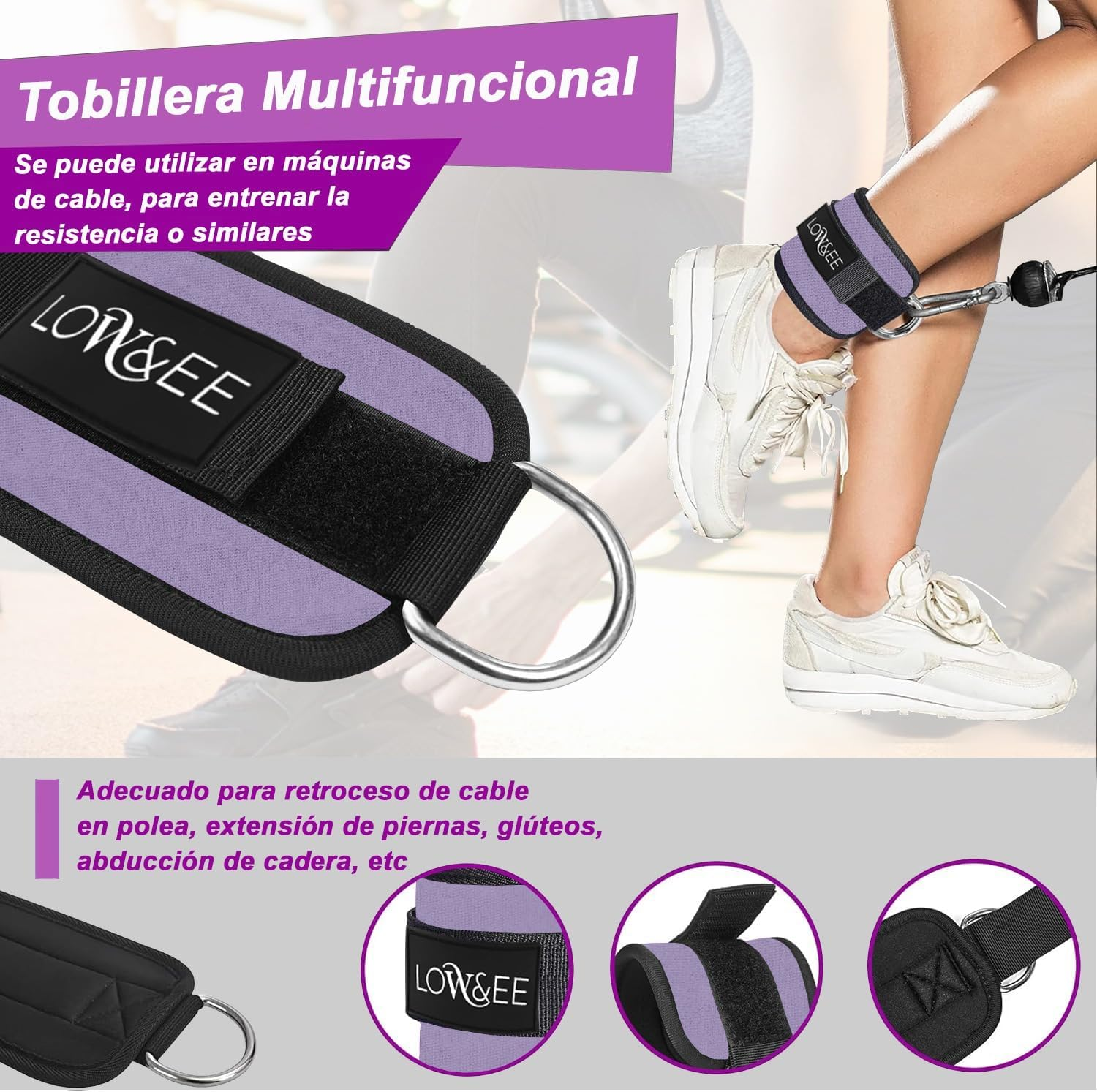 LOW&EE&reg; 2 Pack Ankle Pulleys Gym - Ankle Brace for Pulley Padded with Velcro for Women and Men - Gym Ankle Strap for Cable Machine Fitness and Gym - Gym - Cyan image number 3