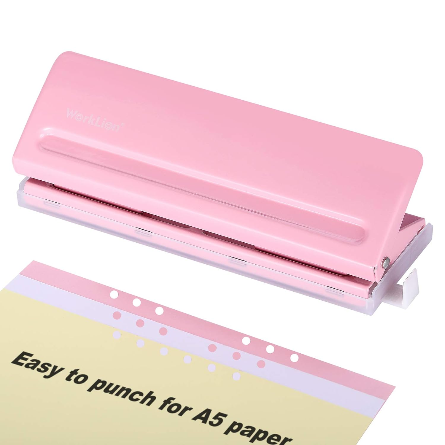 WORKLION Adjustable 6 Hole Punch: Metal Six Hole Puncher for Planners and 6-Ring Binders with 6 Sheet Capacity for A4 / A5 / A6 / Personal/Pocket Size (Pink) image number 1