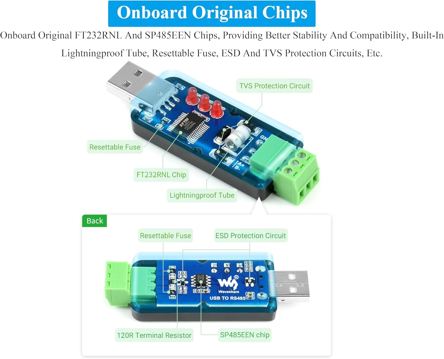 Industrial USB to RS485 Converter Bidirectional Adapter Board, with Original FT232RNL and SP485EEN Chip, up to 1.2Km Transmission Distance, Support Mac/Linux/Android/Wince/ Win11/10/8.1/8/7/Xp, Etc. image number 3