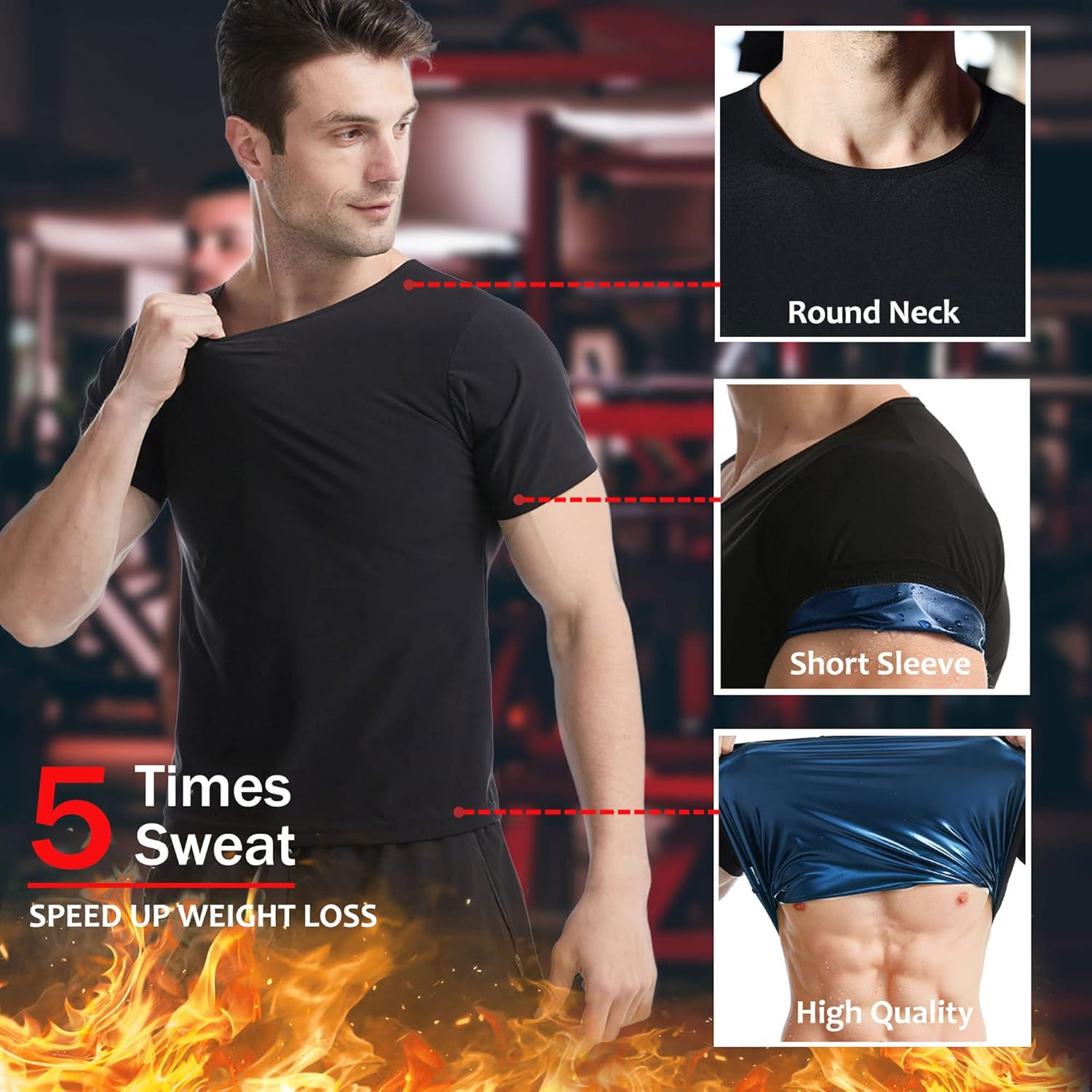 Sauna Shirt for Men, Short Sleeve Sauna Suit for Men, Sweat Body Shaper Sauna Vest for Men Gym Exercise Sauna Top, Black-Blue Inner, Large image number 5