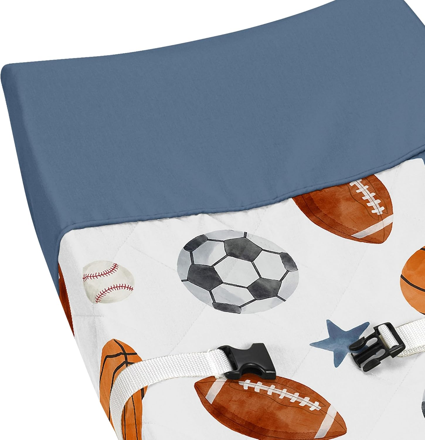 Sweet Jojo Designs Sports Theme Boy Baby Changing Pad Cover &ndash; Infant Newborn Diaper Table Change Mat Sheet - Watercolor Vintage Sport Themed Soccer Balls Football Baseball Basketball Blue Stars image number 3
