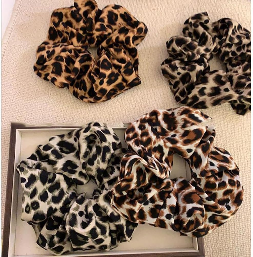 MSLSOZ 4 Pieces Leopard Print Hair Scrunchies Elastic Rope Straight Ponytail Hair Ties Vintage Hair Ties Suitable for Women (4 Colors) image number 1