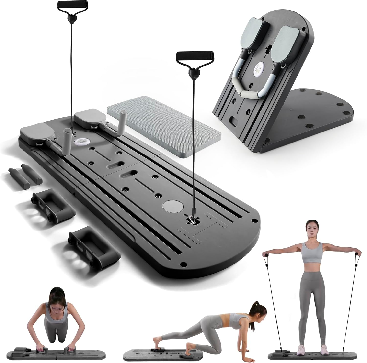 Myga Pilates Reformer Machine - Foldable Pilates Board with Rebound Ab Roller, Resistance Bands, Push up Bars & LED Counter for Full Body Workout - Multifunctional for Home, Gym & Travel