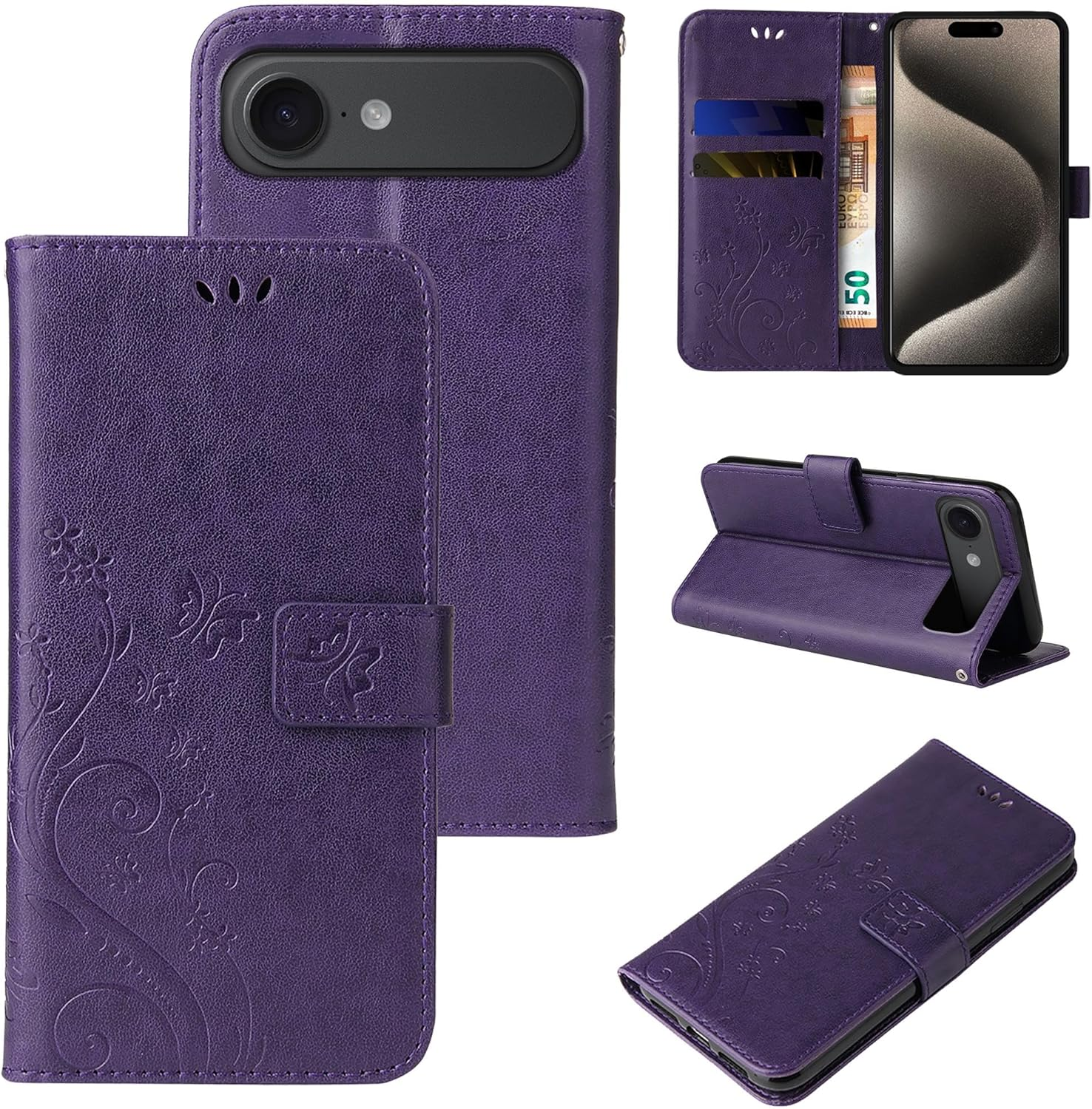 LBH Mobile Phone Case Compatible with Apple Iphone 17 Air Case Butterfly Flowers Flower Stand Function Protective Case Magnetic All-Round Protection 360 Degree Flip Case Cover Purple image number 6