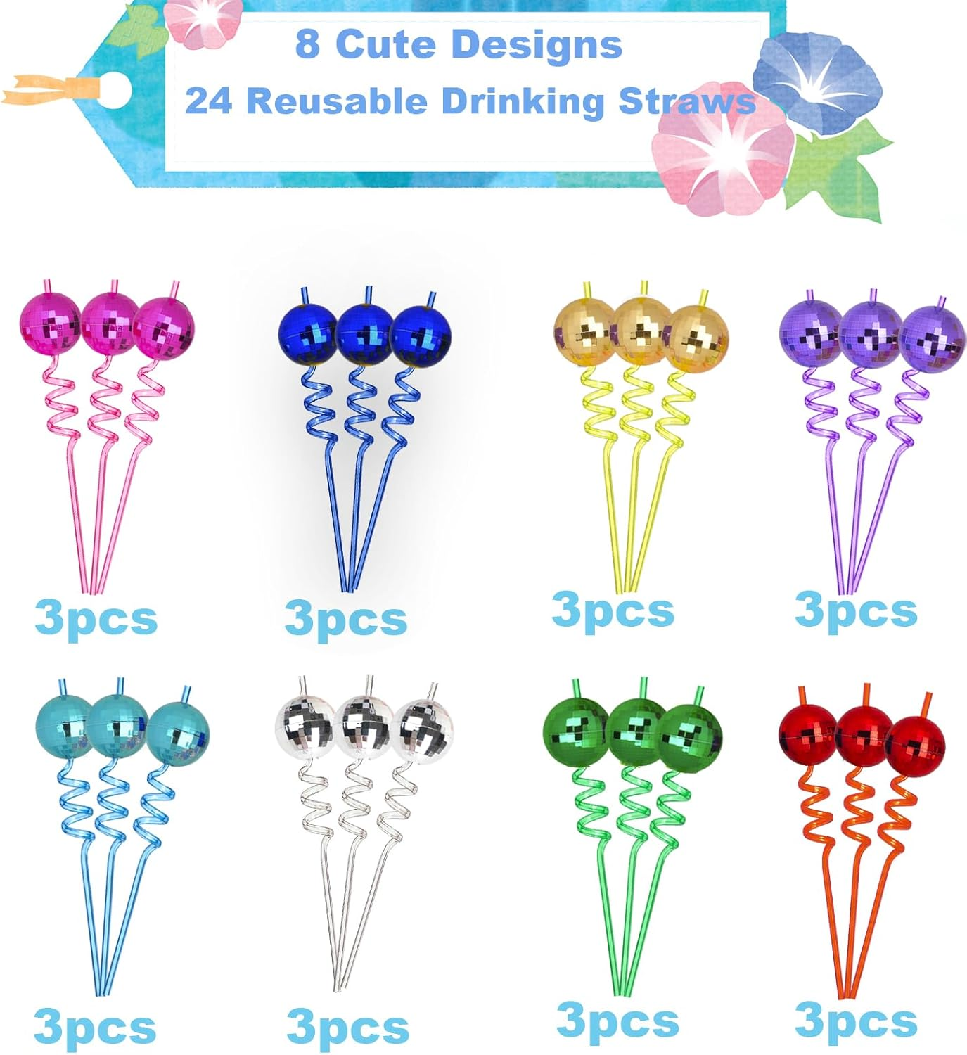 24-Piece Disco Ball Reusable Swirly Straw Set - Vibrant Party Supplies with Groovy Design,70S Disco Ball Straws Perfect for Birthday Bachelorette Decorations and Favors image number 1