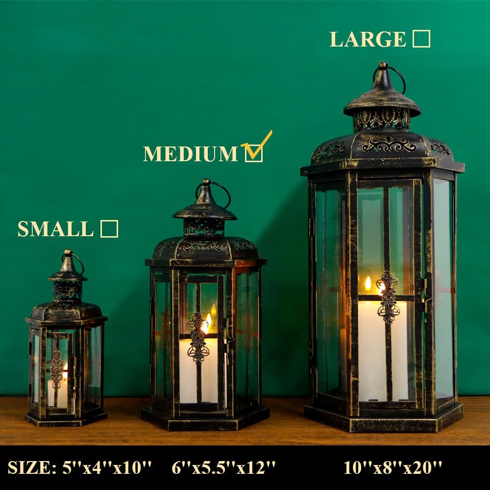JHY DESIGN Medium Decorative Lanterns 12&ldquo;H Outdoor Candle Lanterns Vintage Metal Candle Holder for Indoor Outdoor, Events, Parities and Weddings(Black with Gold Brush) image number 2