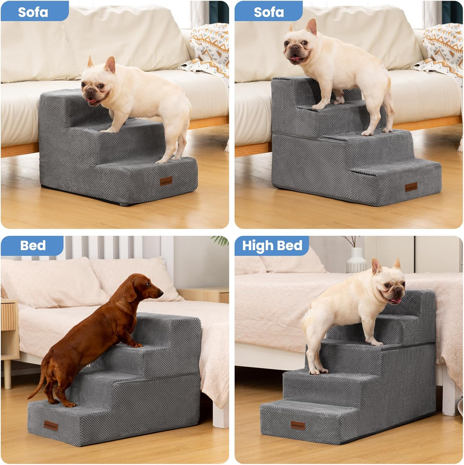 Dog Stairs for Small Dogs & Cats, 3-Step Non-Slip Pet Steps for Couch Sofa and Chair, Grey, 13.6" H image number 5