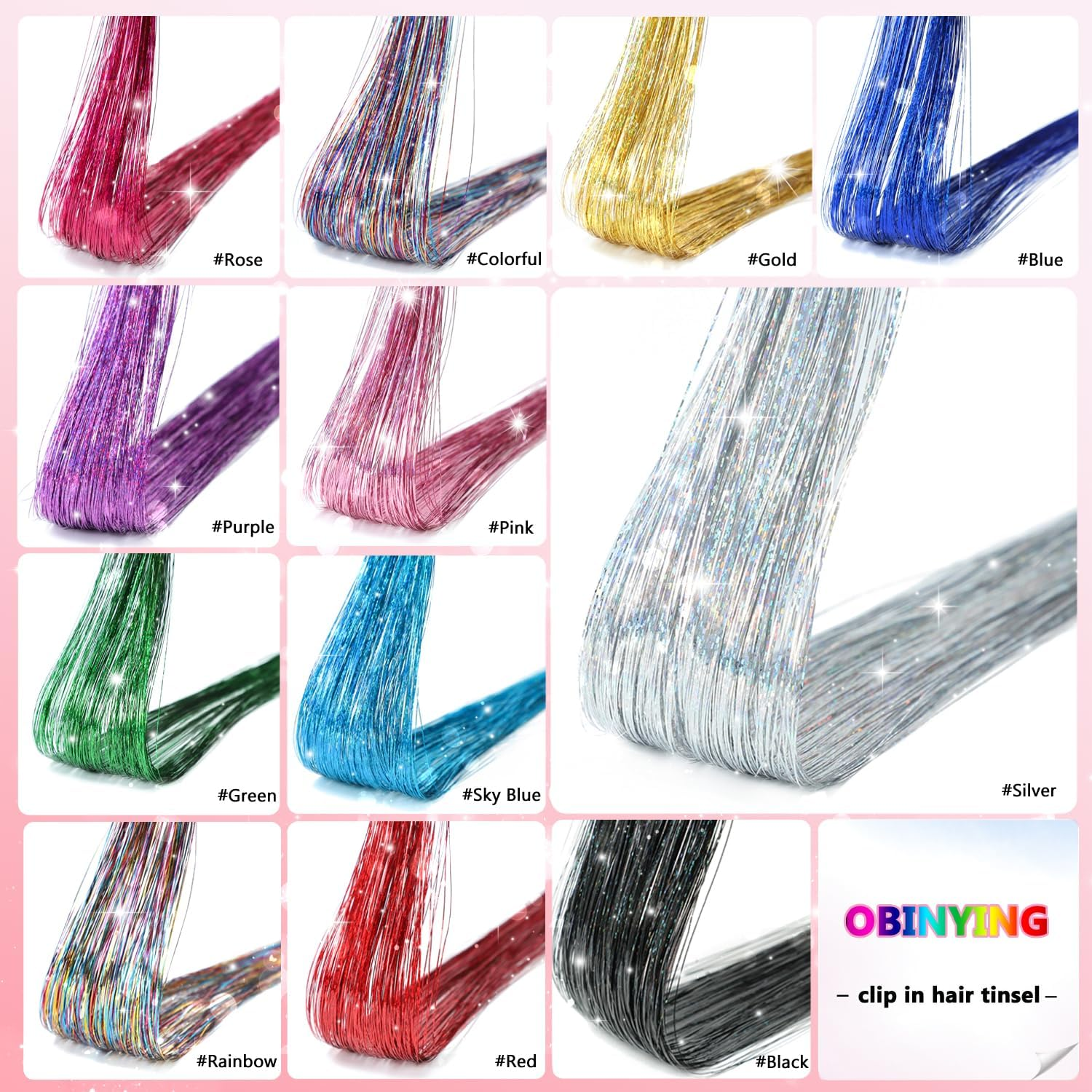 Obinying Hair Tinsel Pack of 18 Pcs Hair Tinsel Clip in 20.5 Inch Glitter Tinsel Hair Extensions Clip in Hair Tinsel Kit Party Festival Fairy Hair Accessories for Girls Women Kids (Silver) image number 5