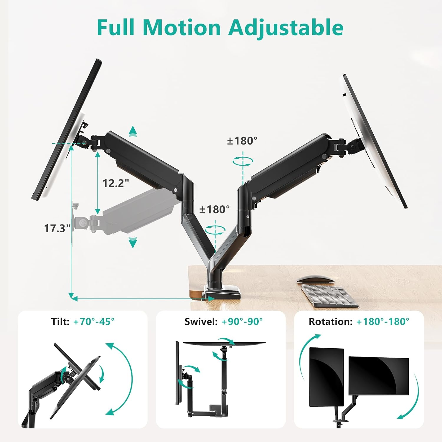 WALI Dual Monitor Mount, Adjustable Gas Spring Monitor Desk Stand for 2 Monitors, Heavy Duty Monitor Arm up to 32 Inch Screen, Hold up to MAX 22Lbs, Max Mounting Holes 100X100Mm (GSMP002N), Black image number 5
