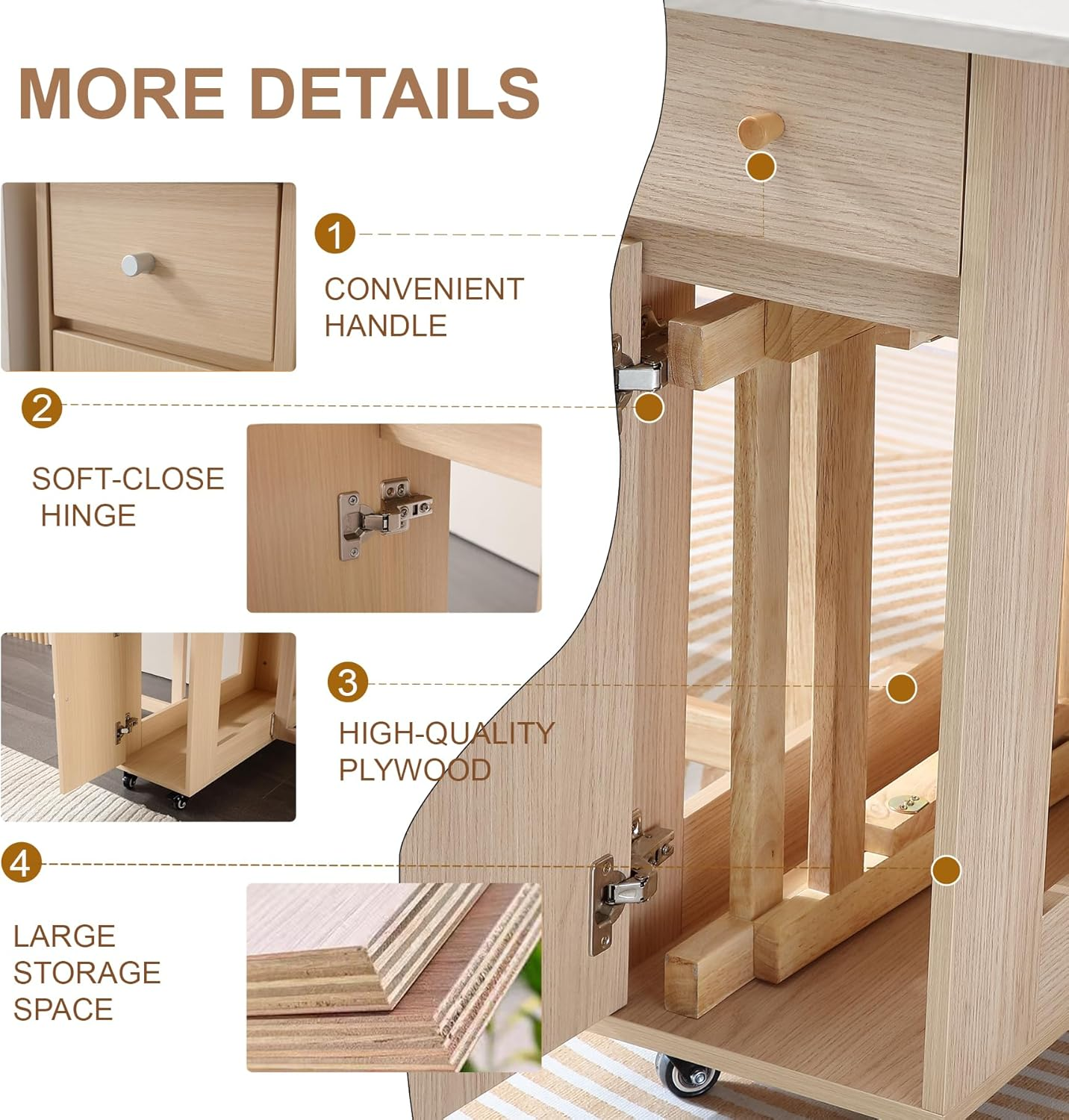 Foldable Dining Table, Space Saving Dining Table Extendable, Folding Dining Table with Storage and Wheels 2-Layers, Versatile Drop Leaf Table Modern for Living Room, Kitchen, RV Campers (Marble Wood) - Grey image number 4
