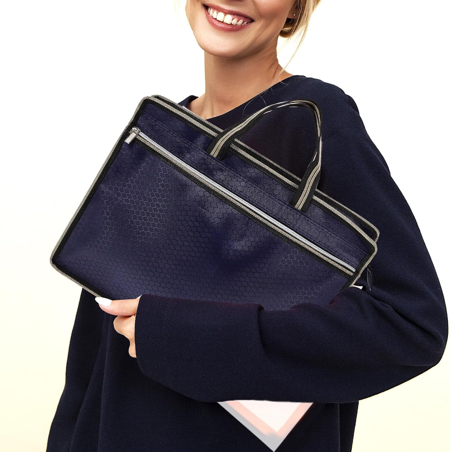 ELAYARD A4 Oxford Cloth File Pouch Double Zipper Canvas Document Holder Portable Office Folder with Pockets Navy Blue for Document Storage and Travel image number 5