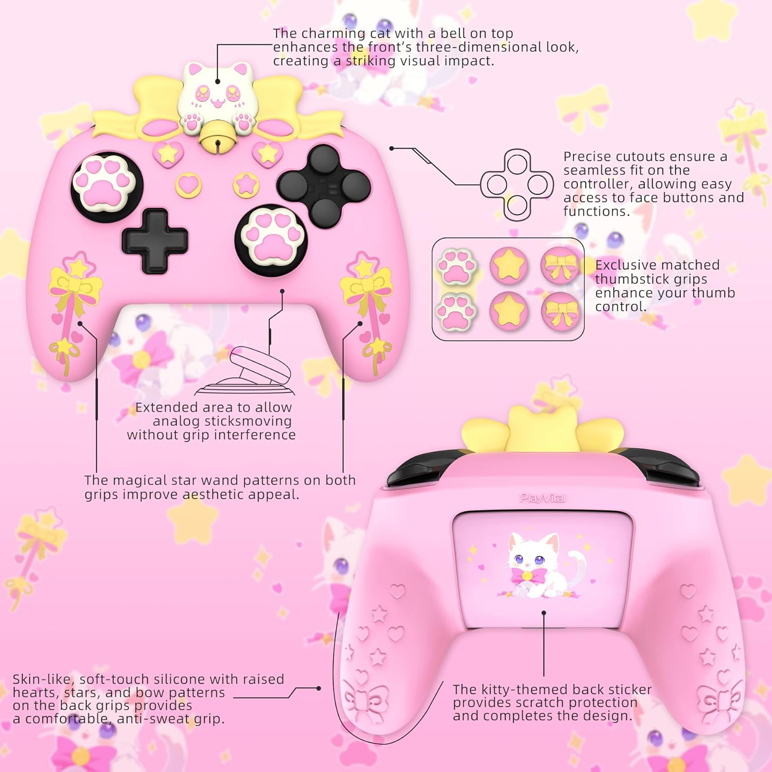 Playvital Sweetheart Kitty Silicone Skin Compatible with Nintendo Switch Pro Controller Kawaii Anti-Slip Cover, Switch Pro Controller Joystick Grips & Protective Silicone Case - Pink image number 4