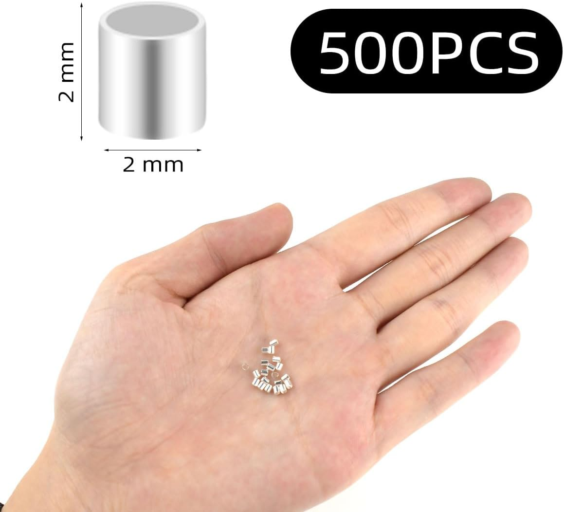 500 Pieces Tube Crimp Beads for Jewelry Making 2MM Crimping Beads for DIY Necklace Earring Bracelet Crimp Stopper Silver Tube Crimp End Brass Crimp Tube Spacer Tiny Loose Crimp Tube Bead (Silver)