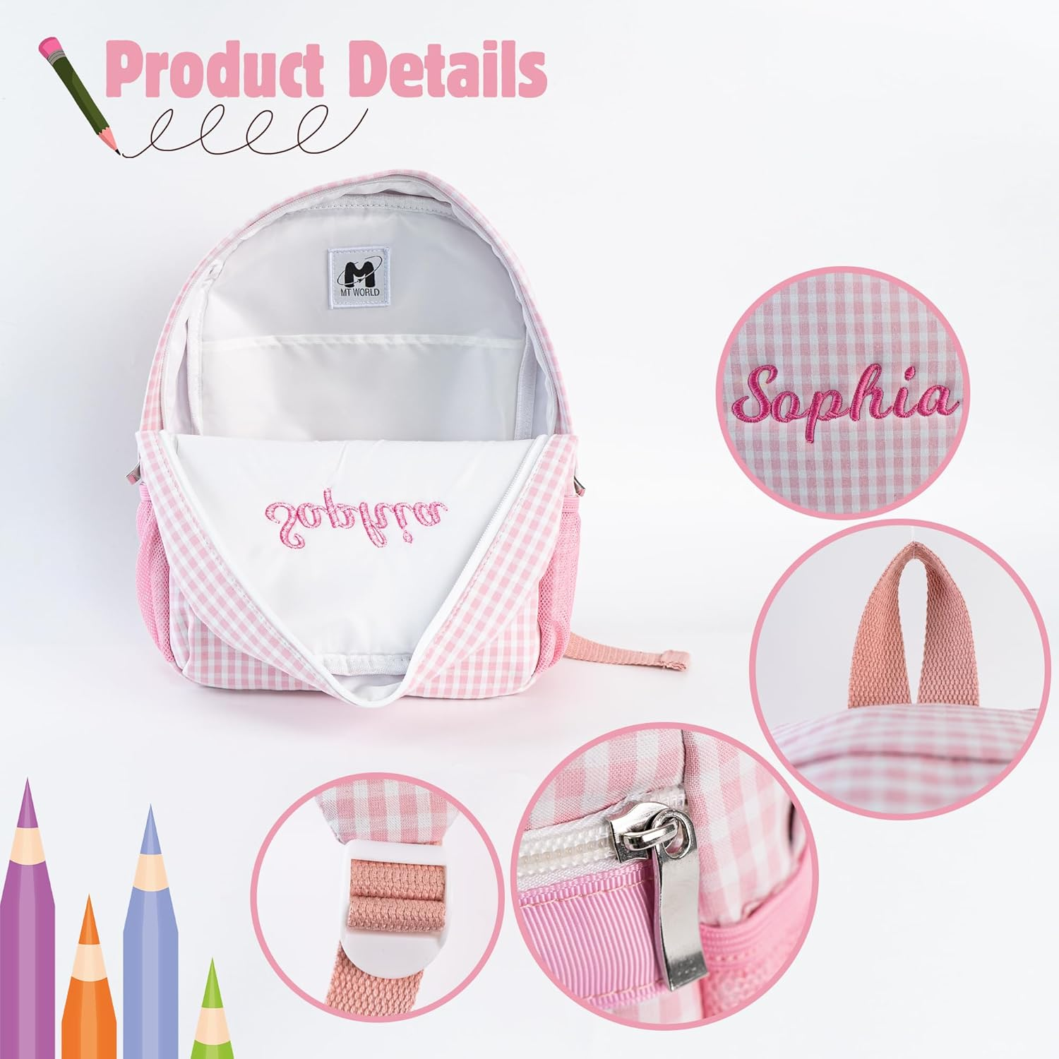 MT WORLD Daycare Backpack Personalized Checkered Seersucker Backpack with Embroidered Name - Blue image number 4