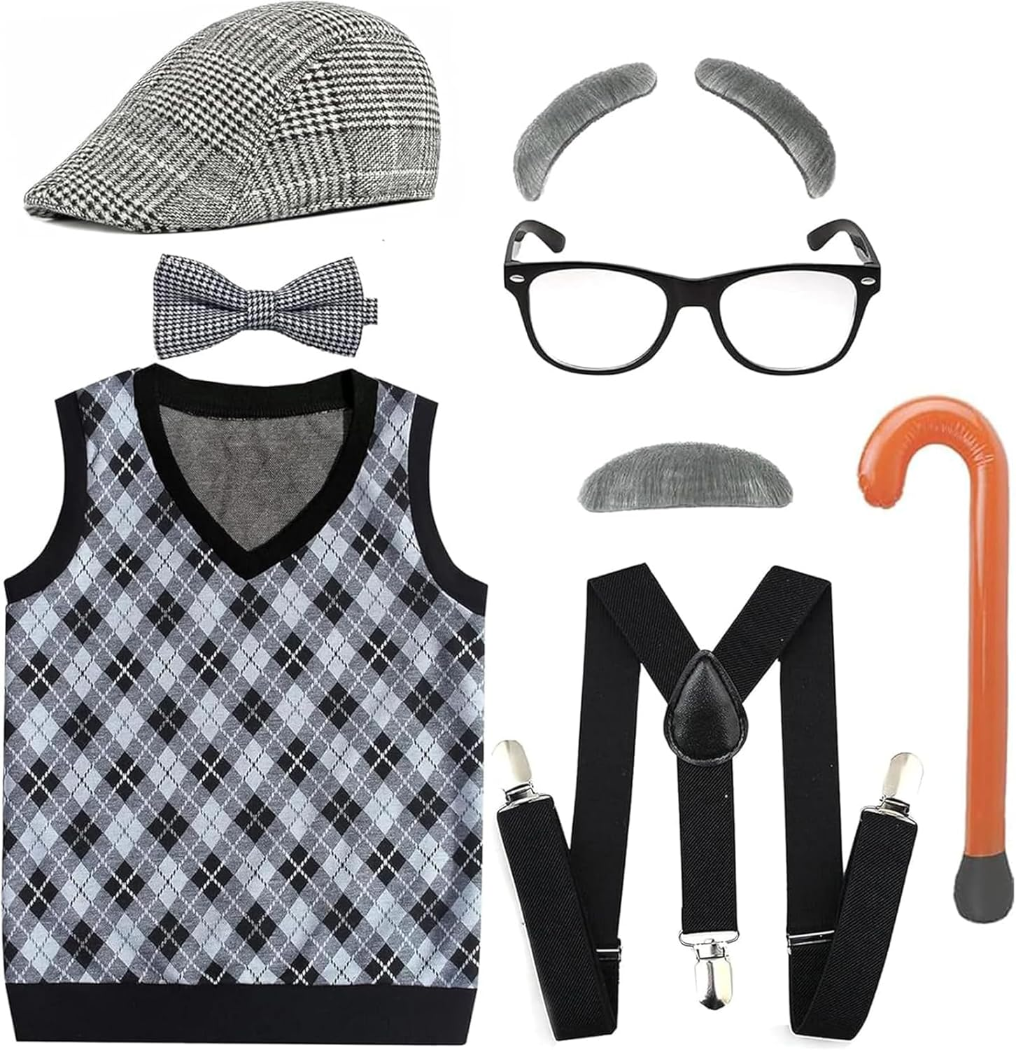 Kids 100 Days School Old Grandpa Man Costumes Set for Kids Teenagers Halloween Cosplay, School Stage Play, Christmas Dress up Outfit Accessories