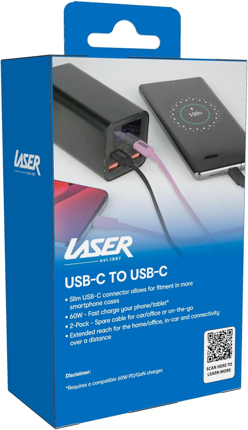 Laser 2M USB-C to USB-C Charger Cable 2-Pack 60W, 480Mbps Data, Compatible with Macbook Pro/Air, Ipad Pro/Air/Mini, Iphone 15/Pro/Max, Samsung Galaxy S23/S24/Ultra and More USB C Devices, Pink/Black image number 6