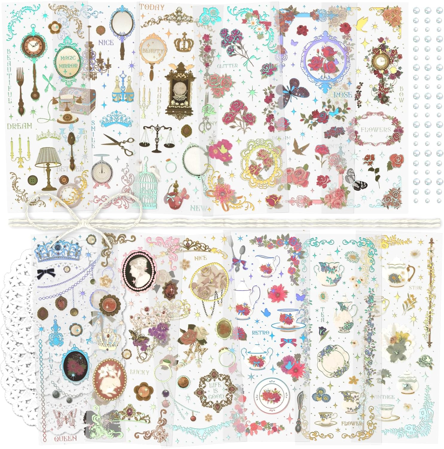 Mayplous 4 Packs Modern Floral Stickers with Silver Foil Embossing for Scrapbooking, Journals, Planners, Card Making & Collage (Villa)