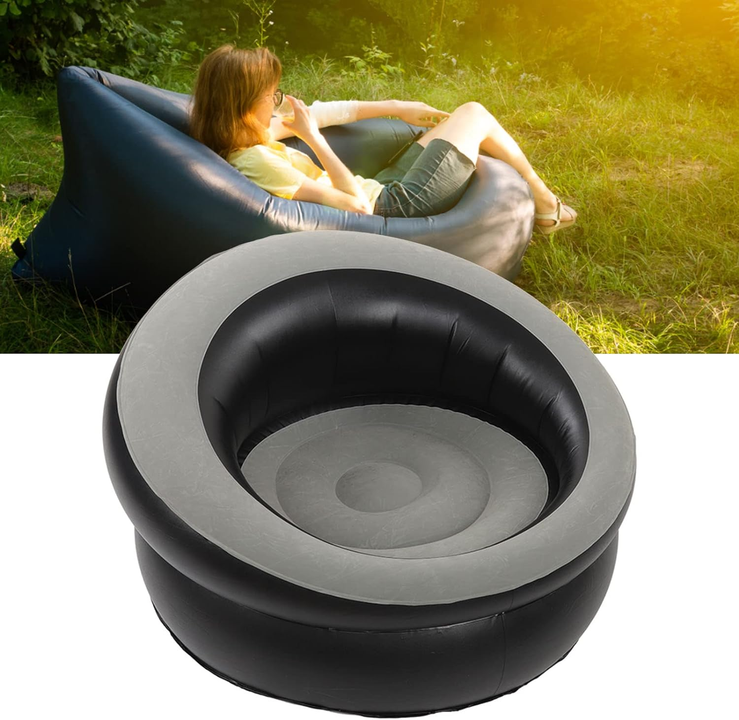 Inflatable Couch, Inflatable Lounge Chair, Foldable Flocking Air Sofa Inflatable Chair, Outdoor Lazy Sofa Couch Beanless Bag Chair, Portable Couch for Hiking, Camping & Picnic (Grey) image number 6