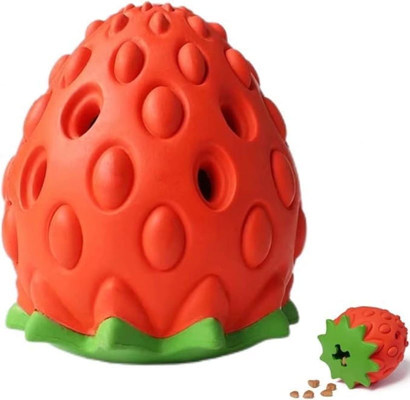 Dog Puzzle Toys Strawberry Shape Dog Chew Toy Teeth Cleaning Toy Interactive Treat Dispensing Chew Dog Toy Slow Feeder Dispenser Durable Natural Rubber Puzzle Toys Dog IQ Mental Stimulation Toy image number 2
