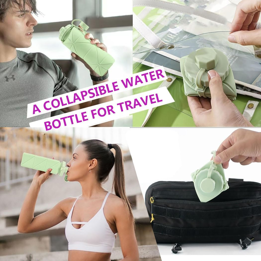 Idopick Collapsible Water Bottle, Leak-Proof Silicone Foldable Water Bottles Cup for Travel, Easy-To-Carry Design and Compact Size for Gym Travel Camping Hiking Running, BPA Free, Green image number 3
