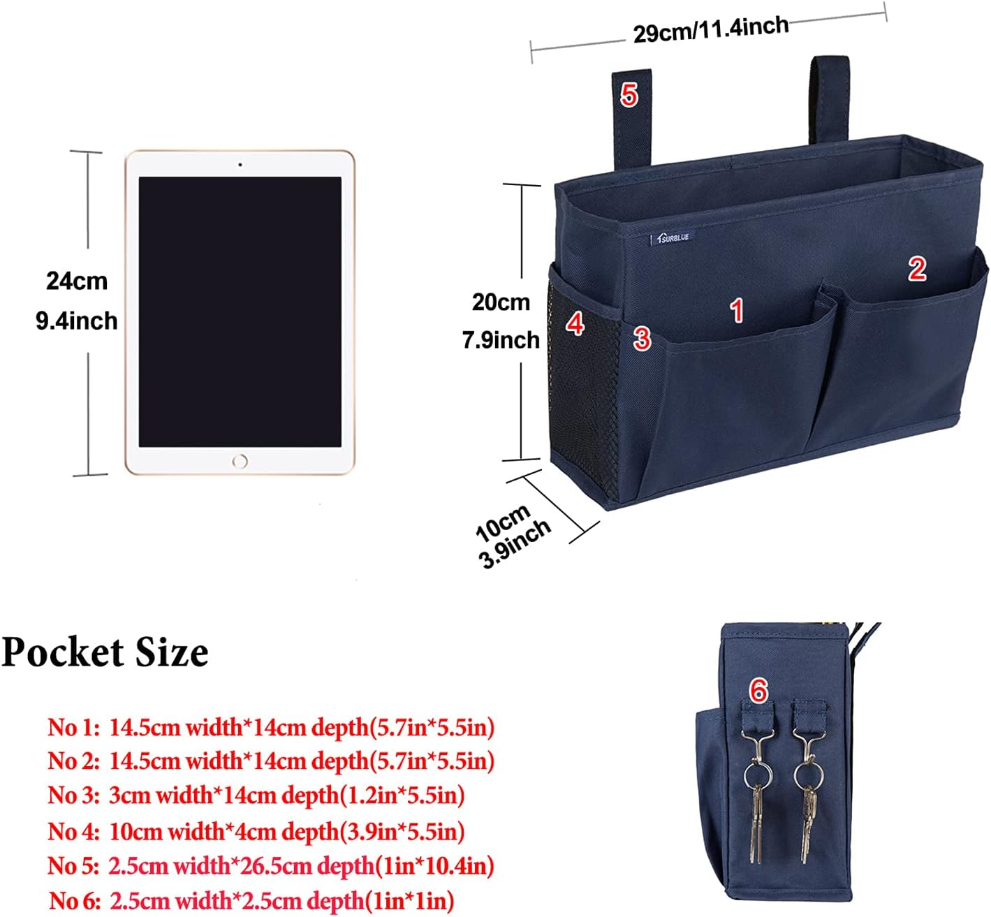 Surblue Bedside Caddy Hanging Bed Organizer Storage Bag Pocket for Bunk and Hospital Beds, College Dorm Rooms Baby Bed Rails, Camp 4 Pockets and 2 Hooks (Blue) image number 4