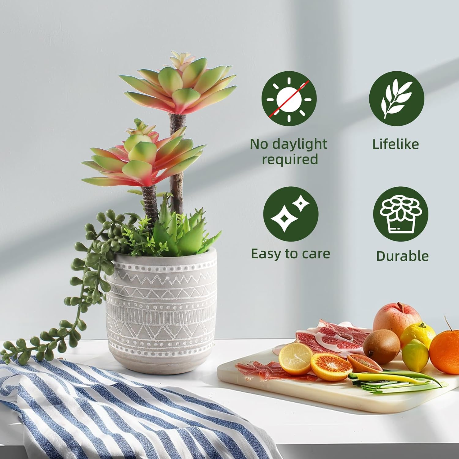 Artificial Succulents 11.4 Inch Realistic Textured Fake Succulents Faux Green Plants Aloe String of Pearls Potted Ceramic Plant for Home Decor Table Centerpiece image number 1