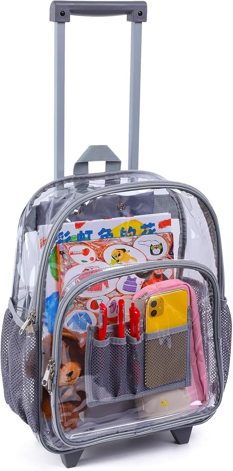 Rolling Clear Backpack, Heavy Duty Cold-Resistant Security Transparent PVC Backpack with Wheels (Black)