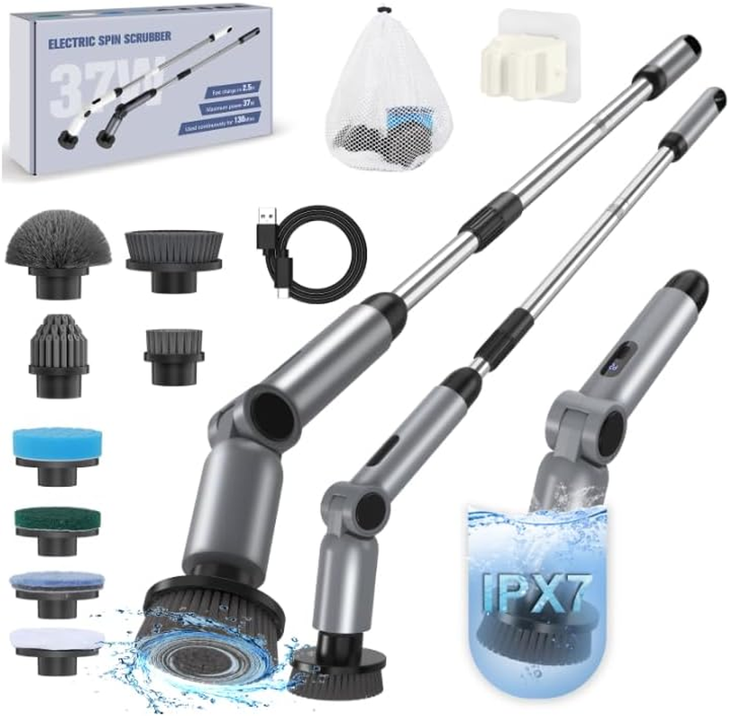 Electric Spin Scrubber, [4 Adjustable Angles] [Battery Display ] Homtronics Cordless Power Scrubber with 8 Replaceable Brush Heads, 450RPM Electric Cleaning Brush for Bathroom, Floor, Tile, Car-Grey
