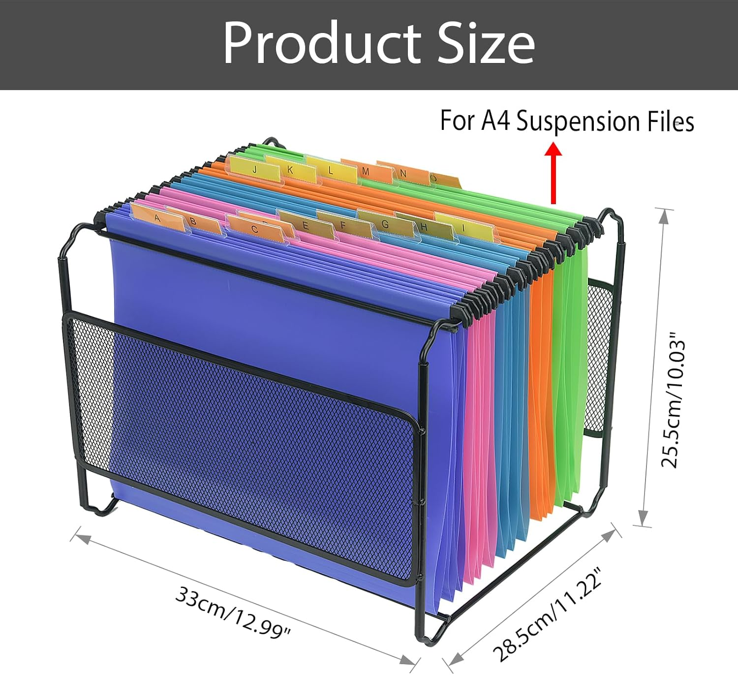 Merrynine Set of Suspension Files and Frame, 15PCS A4 Suspension Files with Tabs and Card, Black Metal Mesh A4 Suspension File Frame Desktop Hanging File Folder Organiser, 5 Color image number 6