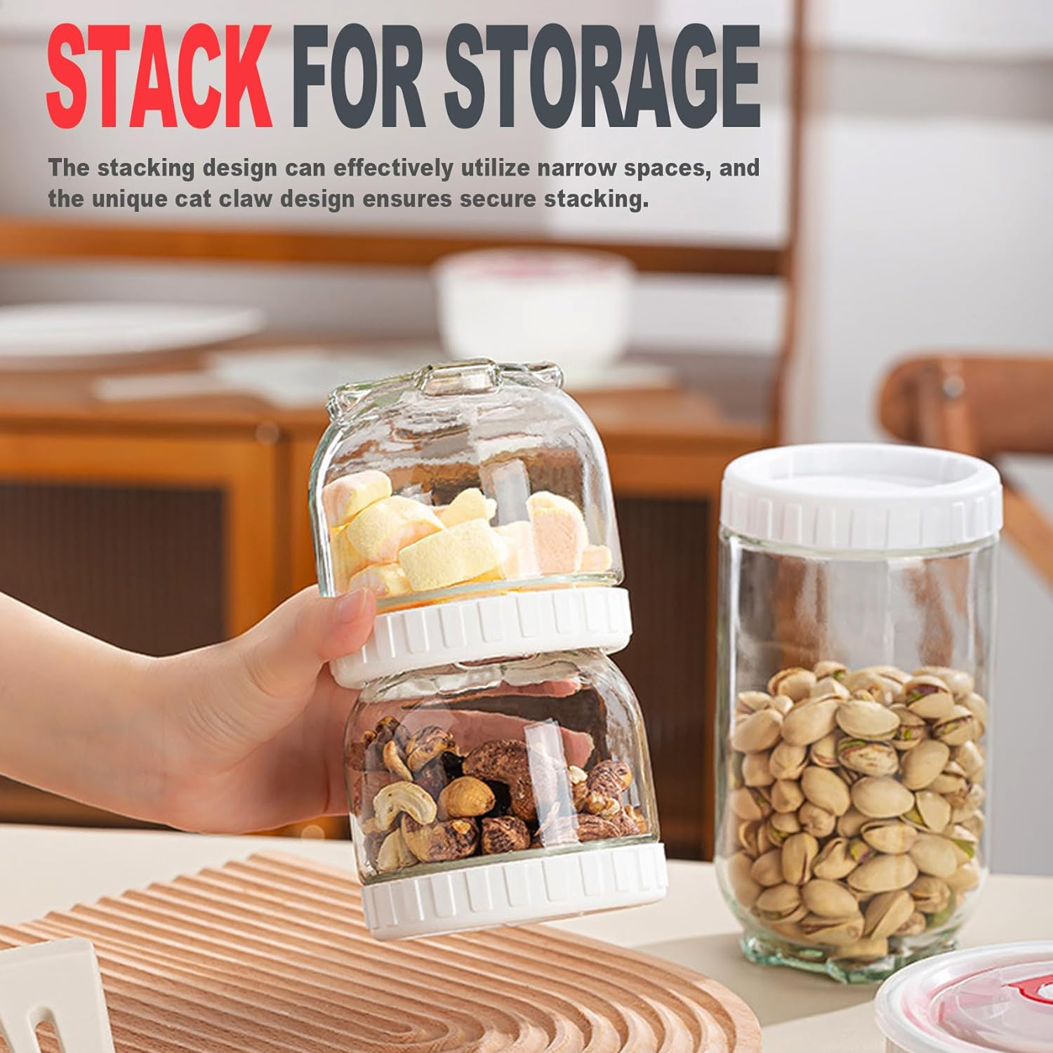 3-Piece Cute Glass Jars with Screw Airtight Lids, Wide Mouth Bottle Storage for Food Candy Grain Kitchen, Cat Claws Overnight Oats Containers Small Stackable Canning