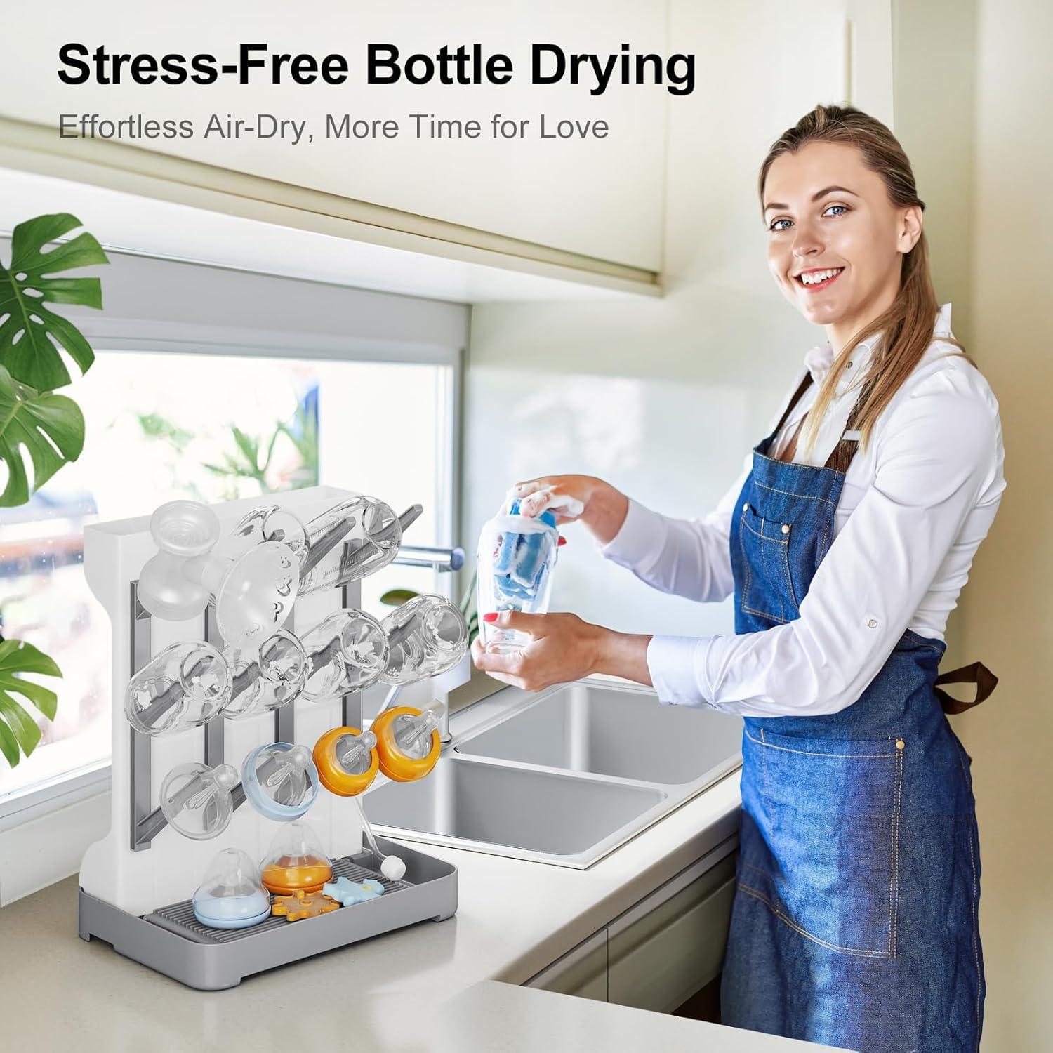 Baby Bottle Drying Rack Space Saving, Large Vertical Baby Bottle Storage Organizer & Bottle Dryer Rack for 12 Pc 8 Oz Bottles and Baby Accessories,Pump Parts,Pacifiers or Brush Stand - Bpa-Free - Gray image number 1