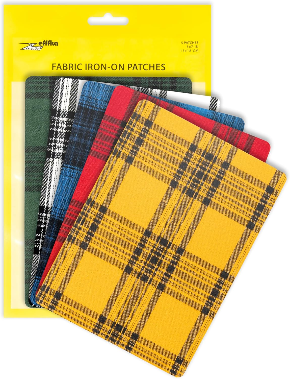 ZEFFFKA Premium Quality Large Plaid Tartan Fabric Iron-On Patches inside & outside Strongest Glue 100% Cotton Repair Decorating Kit Jeans Modern Cool Design 5 Pieces Size 5" by 7" (13 Cm X 18 Cm)