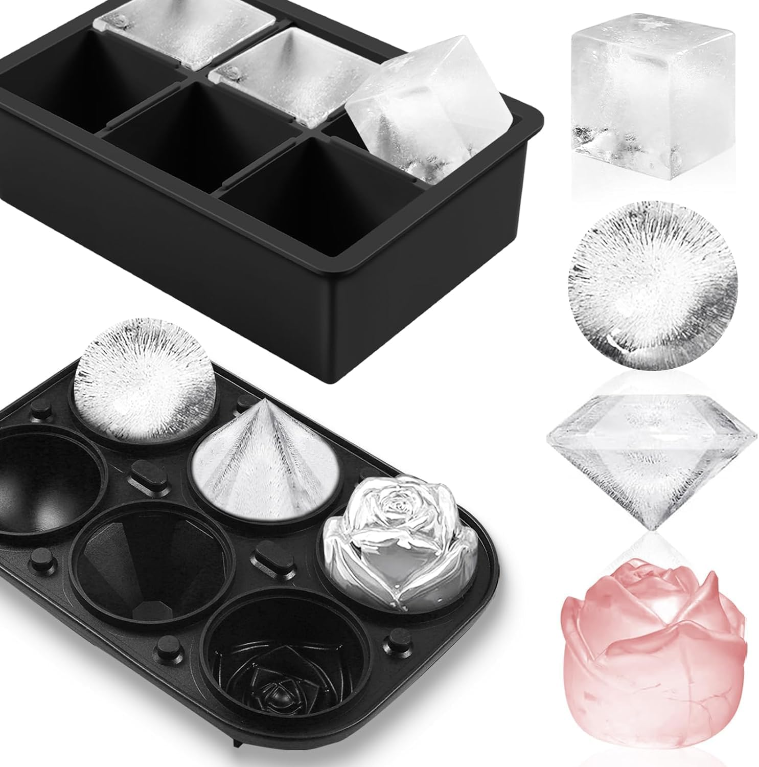 Silicone Ice Cube Trays,Set of 2 Large Ice Cube Molds,Makes 6 Large Square Silicone Molds,2 Circle Round,2 Rose & 2 Diamond Ice Molds, Silicone Fun Ice Maker for Whiskey,Cocktails & DIY, BPA Free