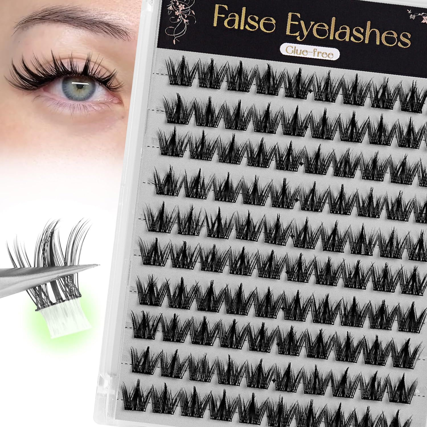 Self Adhesive Eyelashes Natural Look Wispy Pre Glued Lash Clusters No Glue Needed Press on Lashes Adhesive Clusters Easy to Apply 11-13MM Adhesive Eyelashes with Lash Tweezers 100Pcs