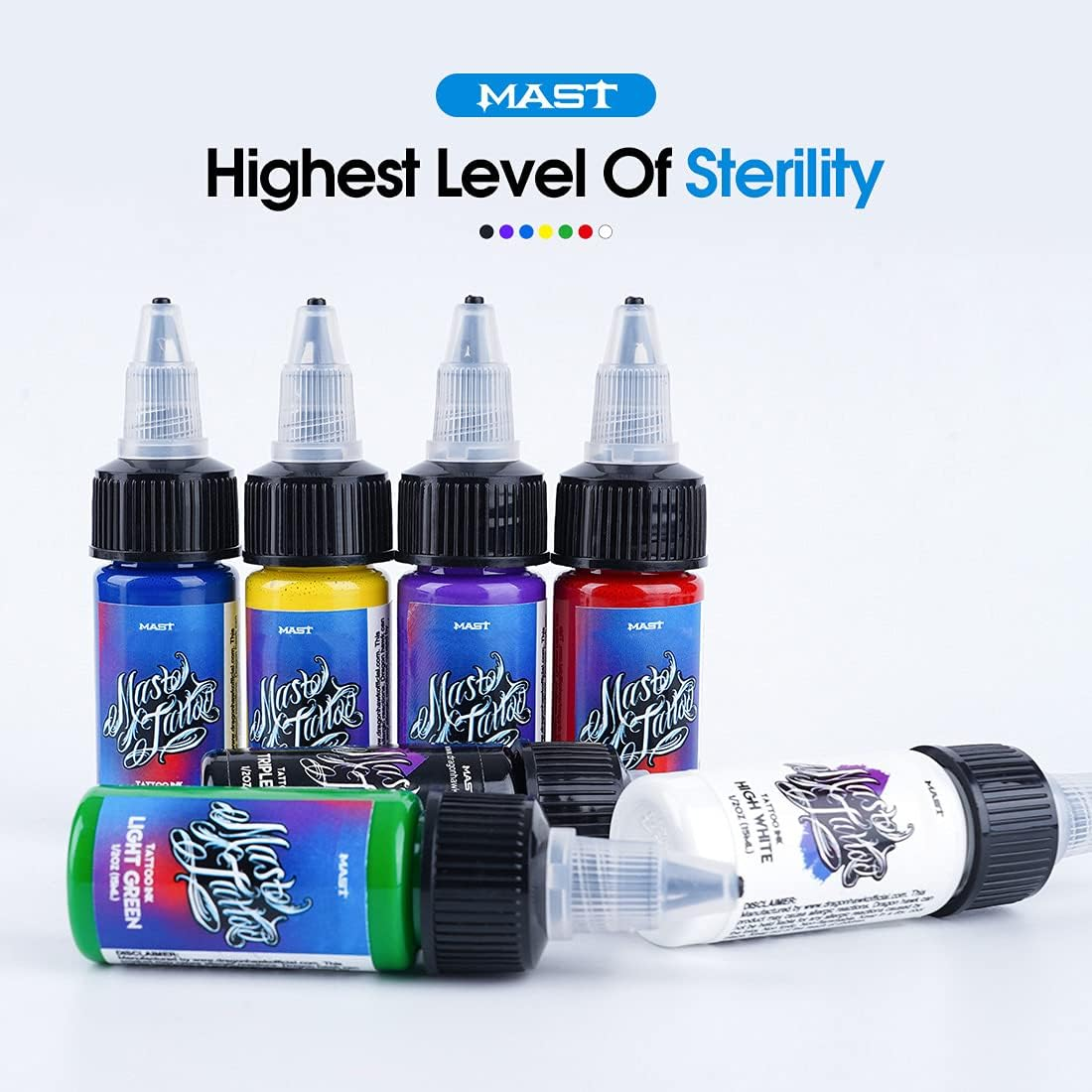 Mast Tattoo Inks 1/2Oz Kit 7 Bottles Mixed Color Triple Black High White Supply image number 5