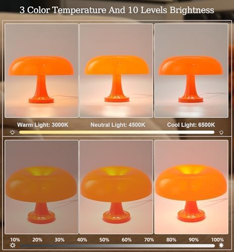Orange Mushroom Lamp, Vintage Table Lamps, Mid Century Modern Retro Mushroom Table Lamps, Touch Lamps Bedside Charging Model，Dimmable Retro Lamps for Living Room Home Decor image number 4