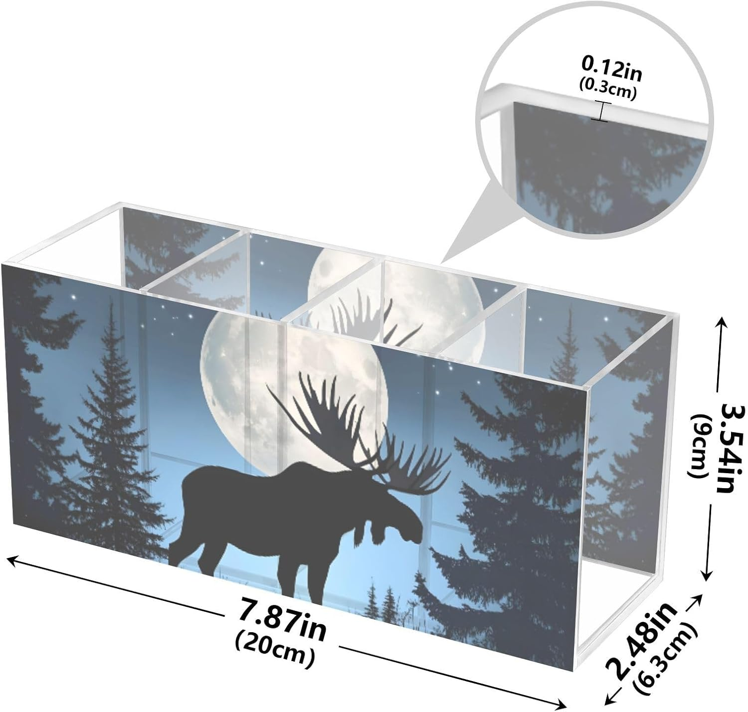 Silhouette Moose Moon Acrylic Pen Holder 4 Compartments, Pencil Holder for Desk, Makeup Brush Holder, Office Desk Storage Organizer for Dorm, Home, Desk Accessories image number 2