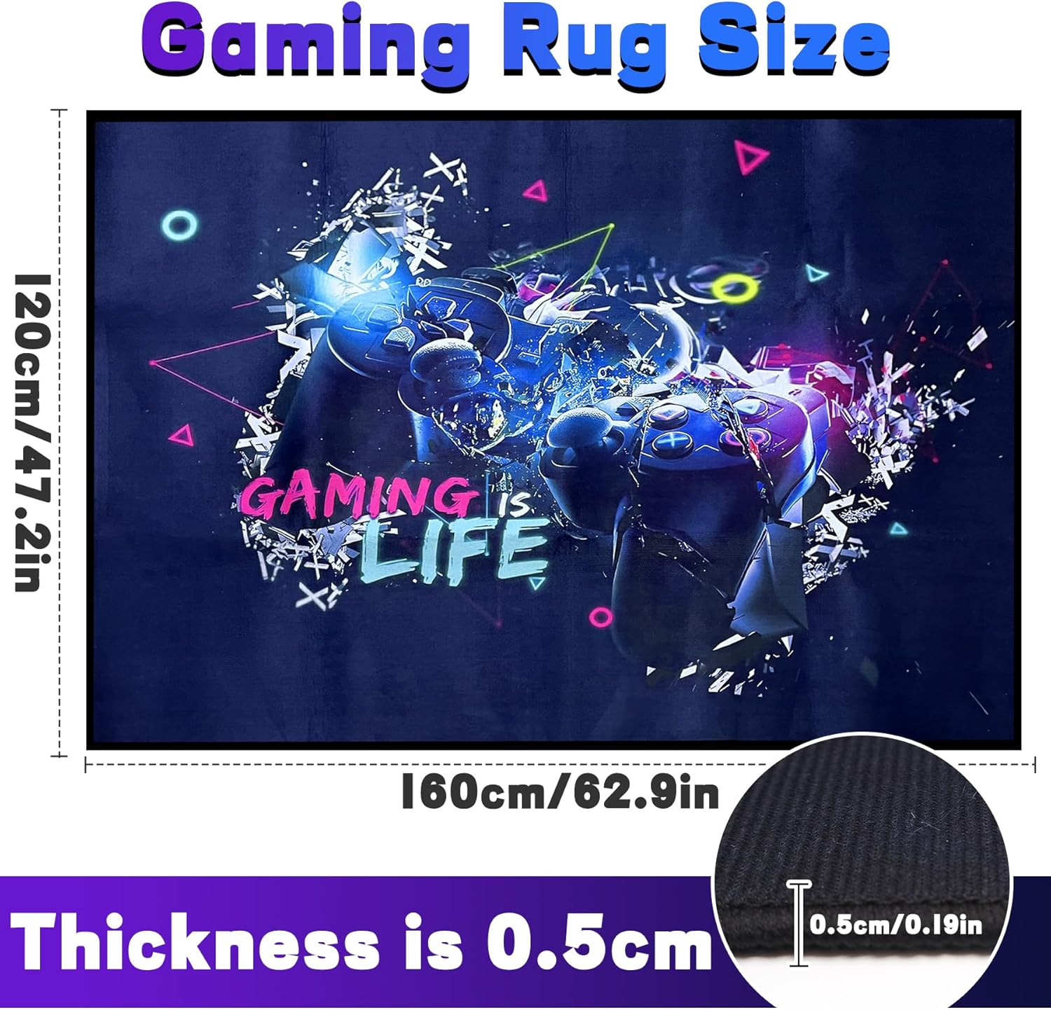 Gaming Rug for Boys Teen Room, Non-Slip 3D Colorful Gamer Area Rug Carpet, Large Video Games Controller Gamepad Play Mat for Playroom Bedroom Living Room Floor Decor (Color 7, 160X120Cm) - Color 3 image number 3