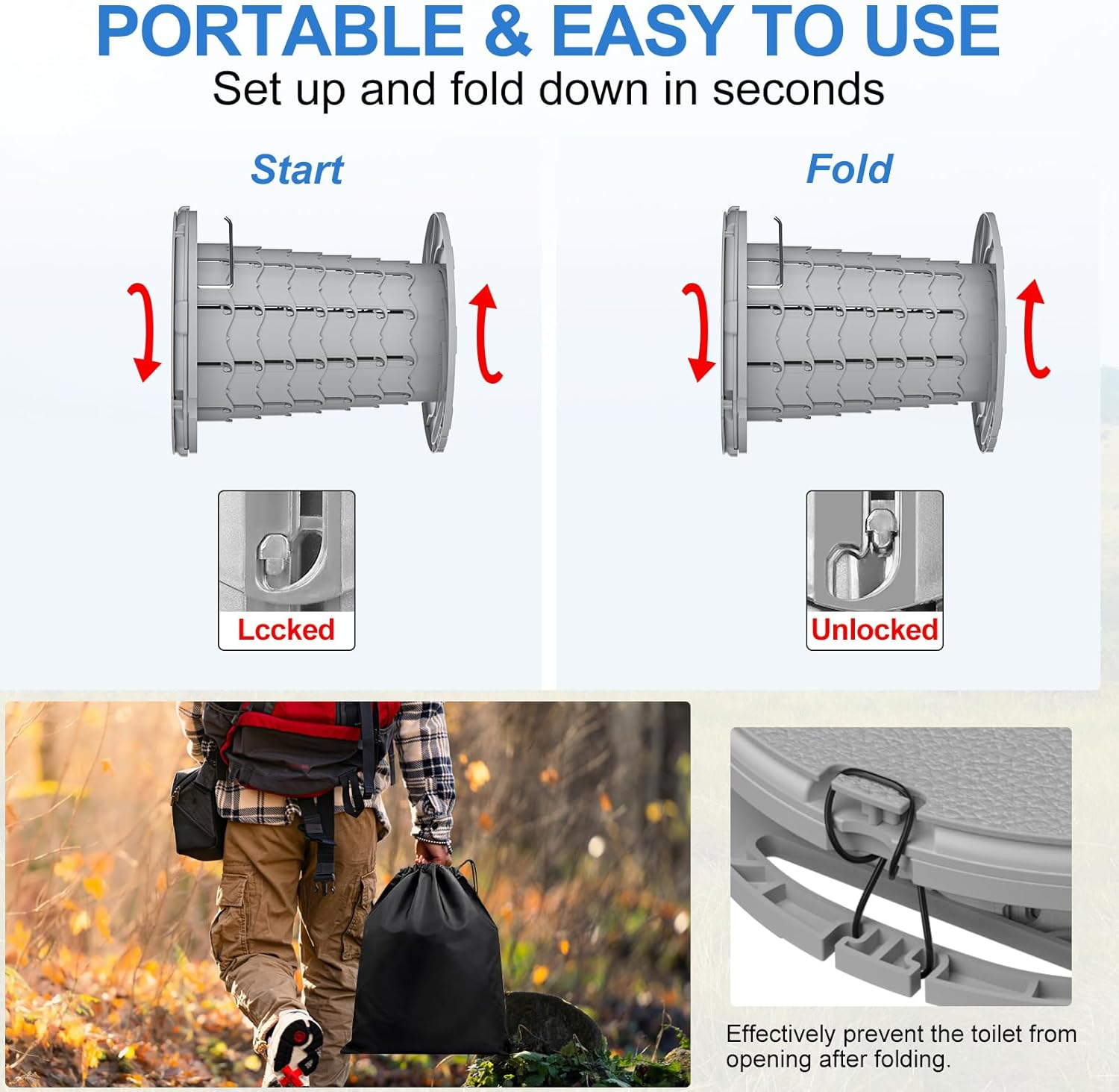 BLIKA Upgraded Portable Toilet with Cushioned Seat, 300LBS Weight Capacity Retractable Toilet, Adjustable Height & Paper Holder, Compact Folding Design for Camping, Car, RV, Outdoor Travel (Gray) image number 4