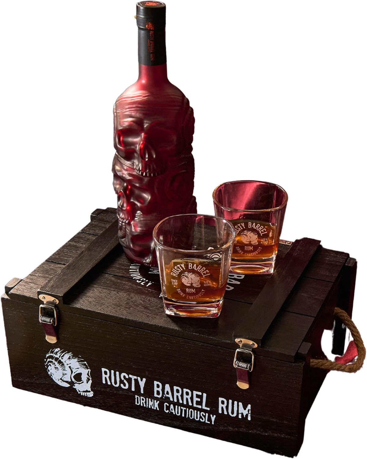 Rusty Barrel Spiced Rum Gift Pack - Stylish Wooden Gift Box with Two Rusty Barrel Rum Glasses. for the Rum Lover. Aged 5 Years - Premium Caribbean Rum Infused with Coffee, Vanilla, Cocoa, Orange Peel, Cinnamon & Other Spices. image number 1