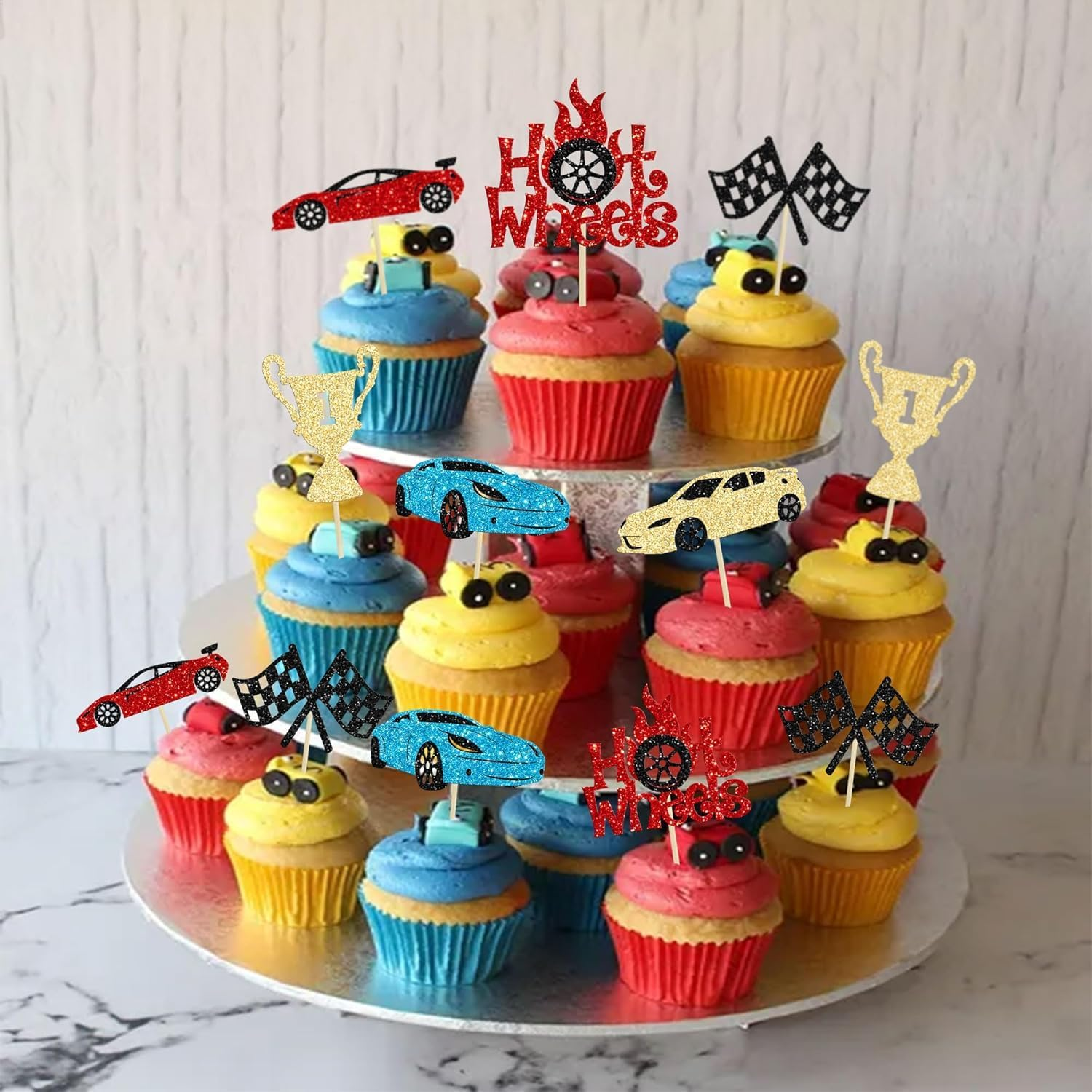 Confetti! 24Pcs Race Car Cupcake Toppers Glitter Traffic Light Steering Wheel Trophy Flag Racing Car Cupcake Pick Decorations for Let'S Go Racing Sports Theme Birthday Party & Baby Shower image number 5