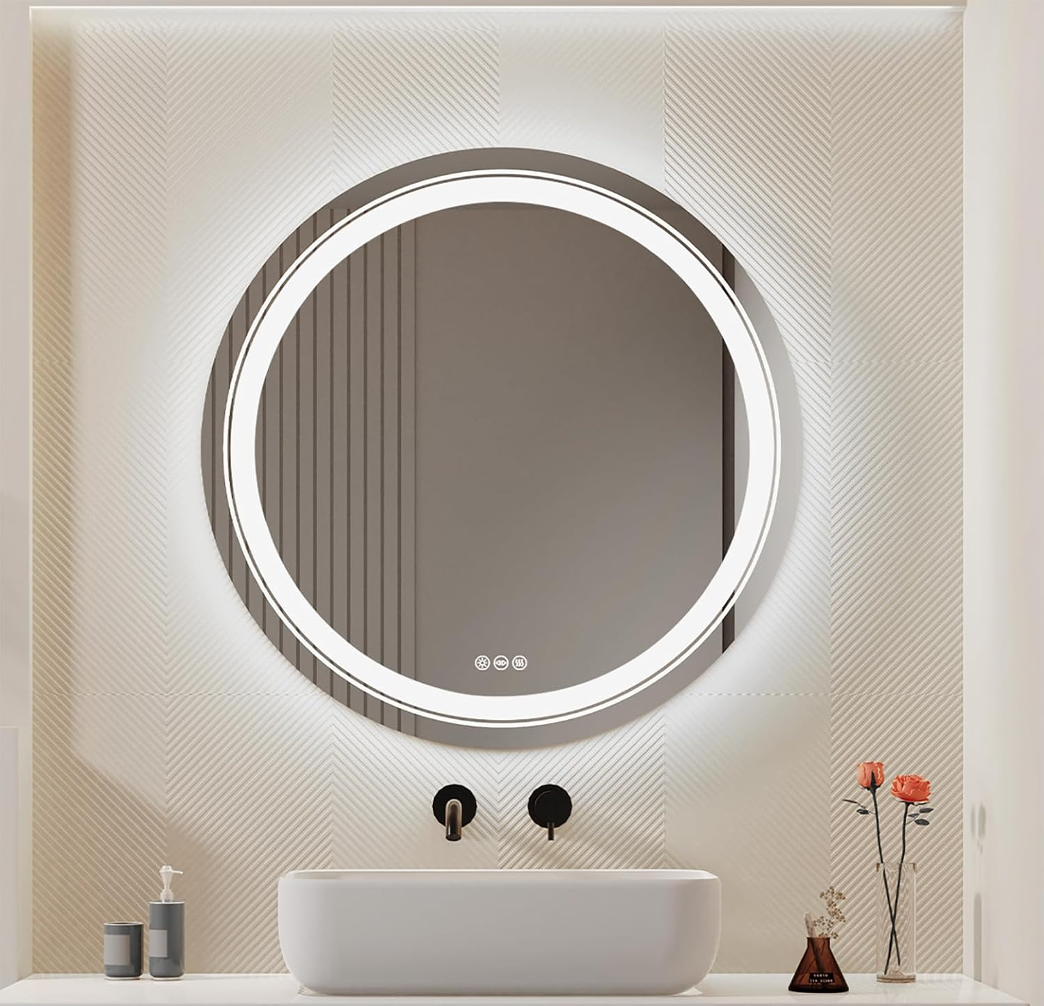 LUVODI round Illuminated Bathroom Mirror: 600Mm Dimmable LED Lighted Circle Wall Mounted Vanity Mirror with Demister Pad Smart Touch Sensor for Makeup Shaving Hairdressing, Front Lighted + Backlit