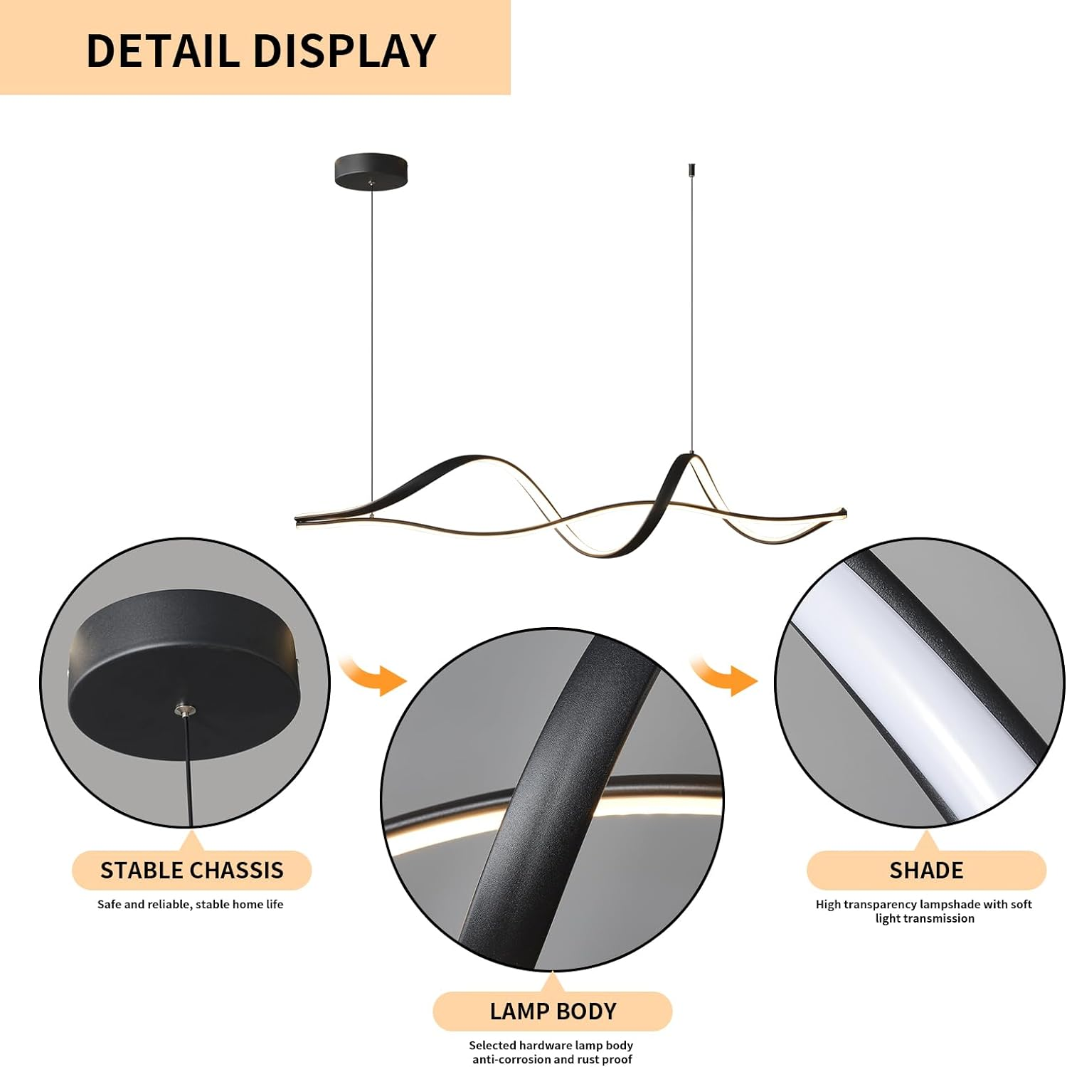 GEADI Modern LED Pendant Light, Dimmable Linear LED Chandelier, 110Cm Wave Kitchen Pendant Lighting over Island, Adjustable Hanging Light Fixture for Dining Room, 3000K-6000K - 40W/Black Wave image number 7