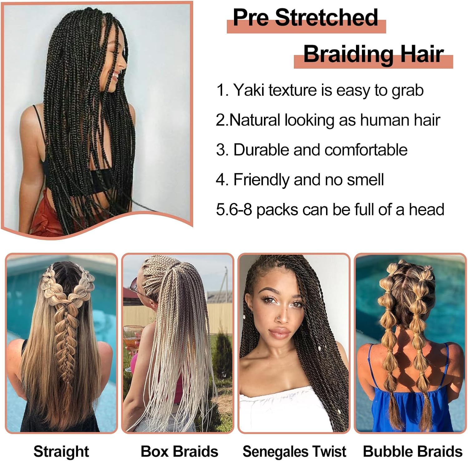 DT CHERYL Pre-Stretched Braiding Hair 26 Inch 6 Packs/Lot Easy Braid Professional Synthetic Fibre Hot Water Setting Professional Soft Yaki Texture Crochet Braids Extension T1B/900 image number 2