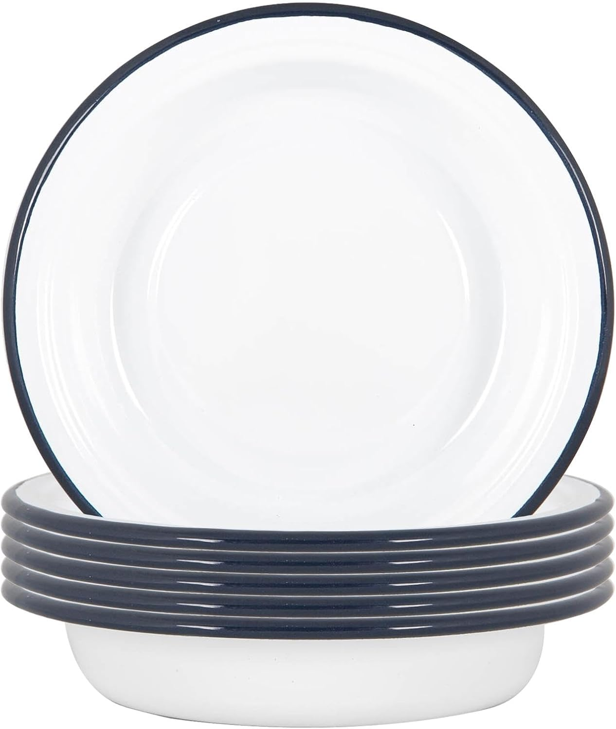 Argon Tableware White Deep Bowls - 19Cm - Pack of 6 - Blue Metal Enamel Cereal Lightweight Camping Serving Bowls for Snacks, Pasta, Cereal, Salad