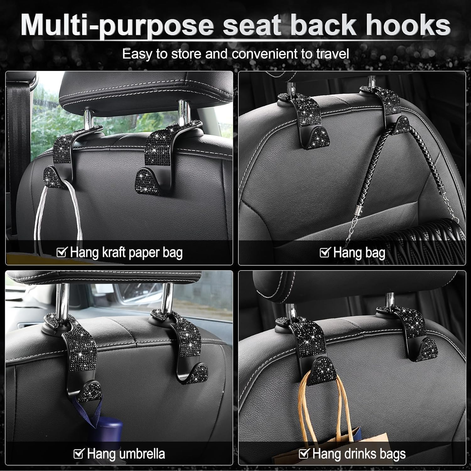 Crystal Bling Rhinestone Car Back Seat Headrest Hook,Universal Car Hooks， Purse Bag Holder, Car Interior Accessories for Women and Men,Handbag Hook for Car 4-Pack (Black)