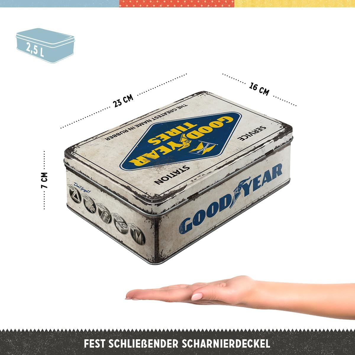 Nostalgic-Art 30745 Goodyear Logo White Biscuit Tin | Storage Box | Metal | with Hinged Lid Storage Jar Flat, Colourful, 23 X 16 X 7 Cm image number 1