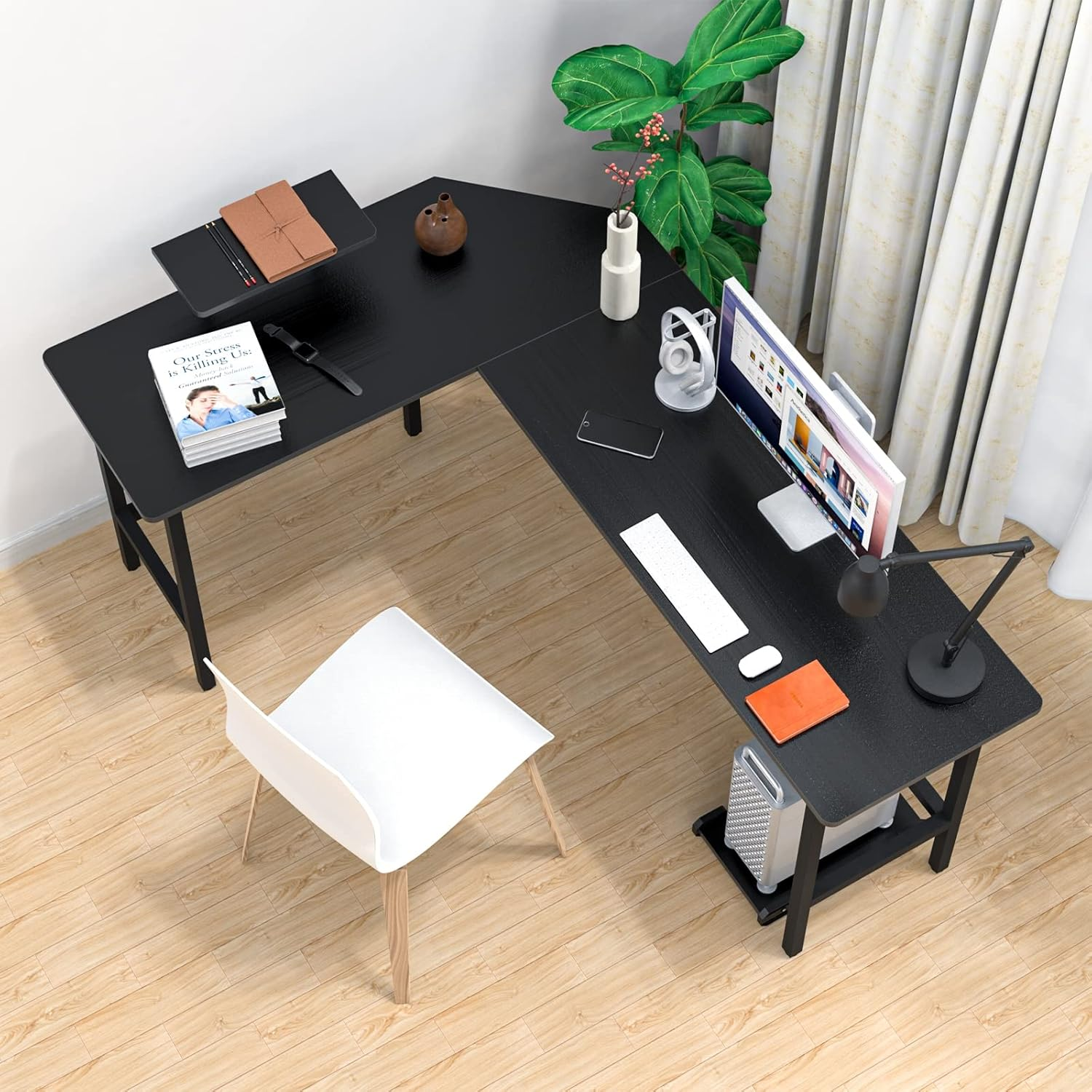 ADVWIN L Shaped Gaming Computer Desk 168Cm Wood Corner Desk with Tower Stand for Study Room Gaming Room Home Office Workstation White